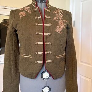 Free People Embroidered Military Style Jacket - Olive Green sz Small